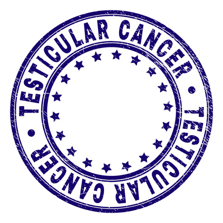 TESTICULAR CANCER stamp seal watermark with grunge texture. Designed with circles and stars. Blue vector rubber print of TESTICULAR CANCER title with grunge texture.のイラスト素材