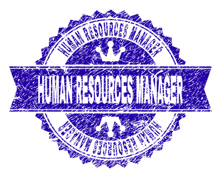 HUMAN RESOURCES MANAGER rosette stamp seal watermark with grunge texture. Designed with round rosette, ribbon and small crowns.のイラスト素材