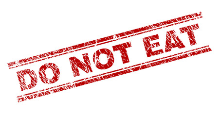 DO NOT EAT seal watermark with grunge texture. Red vector rubber print of DO NOT EAT caption with grunge texture. Text label is placed between double parallel lines.のイラスト素材