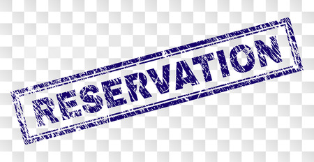 RESERVATION stamp seal print with corroded style and double framed rectangle shape. Stamp is placed on a transparent background. Blue vector rubber print of RESERVATION title with corroded texture.のイラスト素材