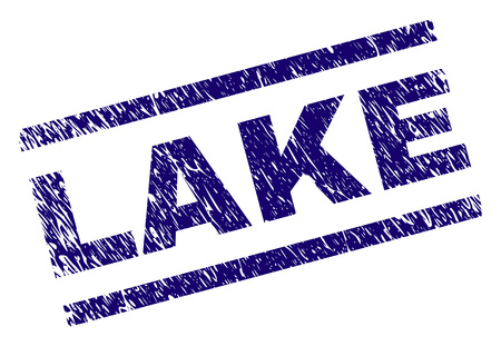 LAKE seal print with distress style. Blue vector rubber print of LAKE text with unclean texture. Text title is placed between parallel lines.のイラスト素材