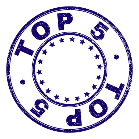 TOP 5 stamp seal watermark with grunge style. Designed with circles and stars. Blue vector rubber print of TOP 5 label with grunge texture.のイラスト素材