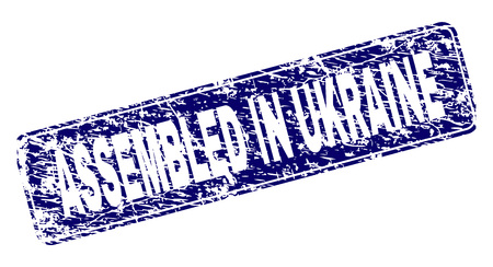 ASSEMBLED IN UKRAINE stamp seal print with distress texture. Seal shape is a rounded rectangle with frame. Blue vector rubber print of ASSEMBLED IN UKRAINE caption with grunge texture.のイラスト素材