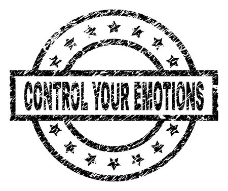 CONTROL YOUR EMOTIONS stamp seal watermark with distress style. Designed with rectangle, circles and stars. Black vector rubber print of CONTROL YOUR EMOTIONS caption with scratched texture.のイラスト素材