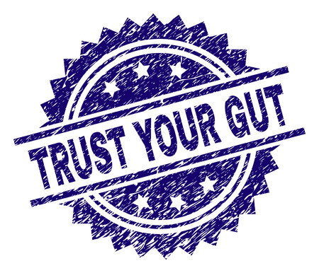 TRUST YOUR GUT stamp seal watermark with distress style. Blue vector rubber print of TRUST YOUR GUT text with unclean texture.のイラスト素材