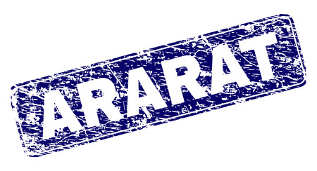 ARARAT stamp seal print with distress texture. Seal shape is a rounded rectangle with frame. Blue vector rubber print of ARARAT tag with corroded texture.のイラスト素材