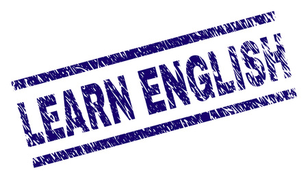 LEARN ENGLISH seal print with scratced style. Blue vector rubber print of LEARN ENGLISH text with retro texture. Text title is placed between parallel lines.のイラスト素材