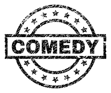 COMEDY stamp seal watermark with distress style. Designed with rectangle, circles and stars. Black vector rubber print of COMEDY title with grunge texture.のイラスト素材