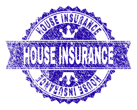 HOUSE INSURANCE rosette stamp overlay with distress style. Designed with round rosette, ribbon and small crowns. Blue vector rubber print of HOUSE INSURANCE text with grunge style.のイラスト素材