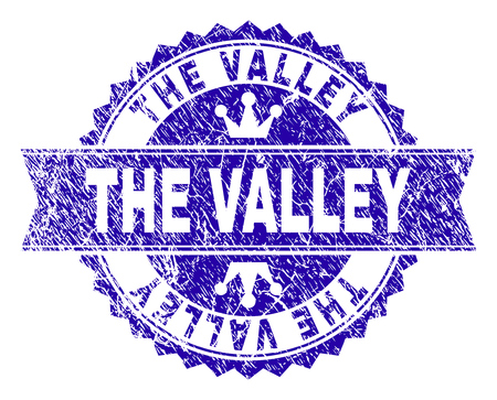 THE VALLEY rosette seal imitation with grunge style. Designed with round rosette, ribbon and small crowns. Blue vector rubber watermark of THE VALLEY tag with retro style.のイラスト素材
