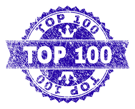 TOP 100 rosette stamp watermark with grunge effect. Designed with round rosette, ribbon and small crowns. Blue vector rubber watermark of TOP 100 text with grunge texture.のイラスト素材