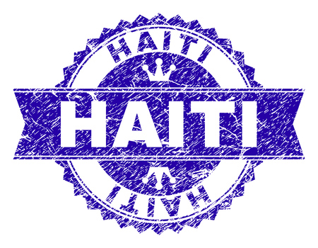 HAITI rosette stamp seal watermark with grunge style. Designed with round rosette, ribbon and small crowns. Blue vector rubber watermark of HAITI label with dirty style.のイラスト素材