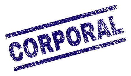 CORPORAL seal print with scratced style. Blue vector rubber print of CORPORAL text with scratched texture. Text tag is placed between parallel lines.のイラスト素材