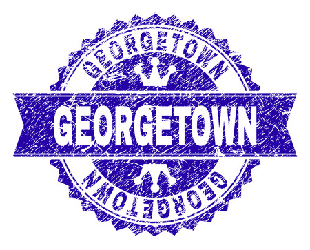 GEORGETOWN rosette stamp seal imprint with distress style. Designed with round rosette, ribbon and small crowns. Blue vector rubber print of GEORGETOWN text with retro style.のイラスト素材