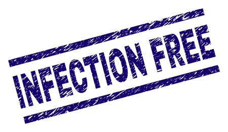 INFECTION FREE seal imprint with grunge style. Blue vector rubber print of INFECTION FREE text with corroded texture. Text label is placed between parallel lines.のイラスト素材