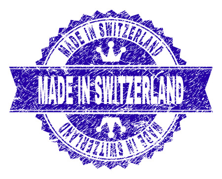 MADE IN SWITZERLAND rosette seal overlay with grunge texture. Designed with round rosette, ribbon and small crowns. Blue vector rubber watermark of MADE IN SWITZERLAND caption with corroded texture.のイラスト素材