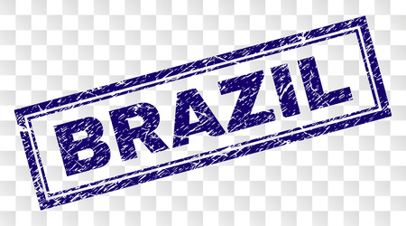 BRAZIL stamp seal imprint with rubber print style and double framed rectangle shape. Stamp is placed on a transparent background. Blue vector rubber print of BRAZIL tag with retro texture.のイラスト素材