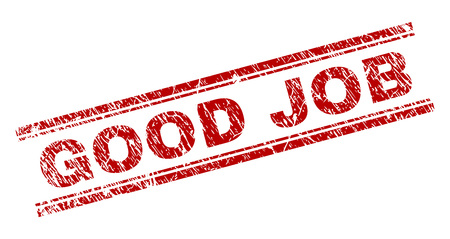 GOOD JOB seal print with distress texture. Red vector rubber print of GOOD JOB caption with scratched texture. Text caption is placed between double parallel lines.のイラスト素材