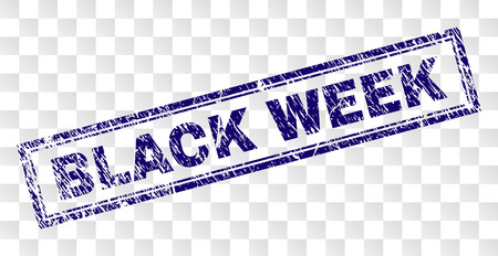 BLACK WEEK stamp seal print with scratched style and double framed rectangle shape. Stamp is placed on a transparent background. Blue vector rubber print of BLACK WEEK text with grunge texture.のイラスト素材