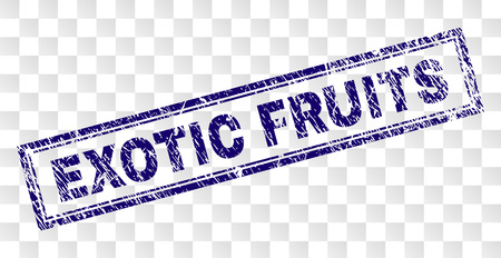 EXOTIC FRUITS stamp seal print with grunge style and double framed rectangle shape. Stamp is placed on a transparent background. Blue vector rubber print of EXOTIC FRUITS caption with grunge texture.のイラスト素材