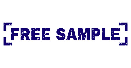 FREE SAMPLE text seal print with corroded texture. Text label is placed between corners. Blue vector rubber print of FREE SAMPLE with unclean texture.のイラスト素材