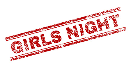 GIRLS NIGHT seal watermark with grunge texture. Red vector rubber print of GIRLS NIGHT caption with scratched texture. Text caption is placed between double parallel lines.のイラスト素材