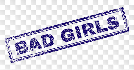 BAD GIRLS stamp seal watermark with rubber print style and double framed rectangle shape. Stamp is placed on a transparent background. Blue vector rubber print of BAD GIRLS title with dust texture.のイラスト素材