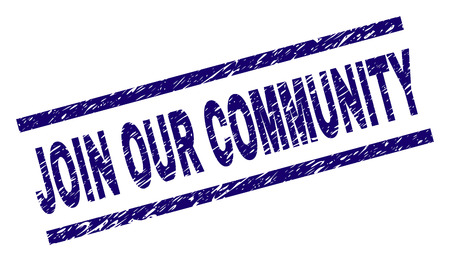 JOIN OUR COMMUNITY seal print with scratced style. Blue vector rubber print of JOIN OUR COMMUNITY title with corroded texture. Text tag is placed between parallel lines.のイラスト素材