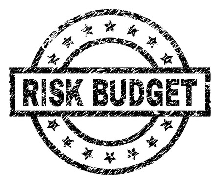 RISK BUDGET stamp seal watermark with distress style. Designed with rectangle, circles and stars. Black vector rubber print of RISK BUDGET title with dirty texture.のイラスト素材