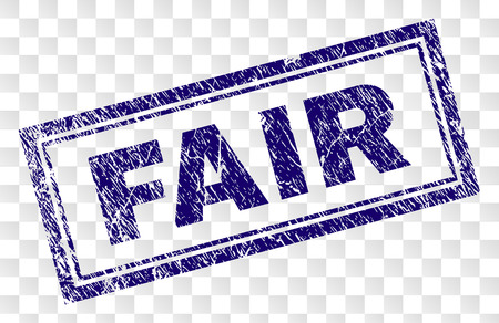 FAIR stamp seal imprint with rubber print style and double framed rectangle shape. Stamp is placed on a transparent background. Blue vector rubber print of FAIR tag with dirty texture.のイラスト素材