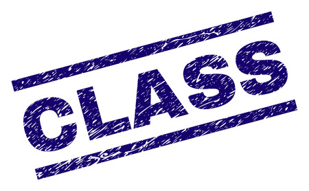 CLASS seal print with grunge style. Blue vector rubber print of CLASS text with dirty texture. Text title is placed between parallel lines.のイラスト素材