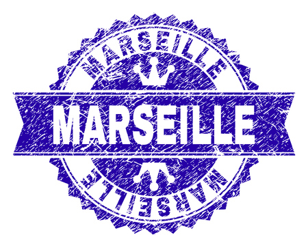 MARSEILLE rosette stamp watermark with grunge effect. Designed with round rosette, ribbon and small crowns. Blue vector rubber watermark of MARSEILLE title with dirty style.のイラスト素材