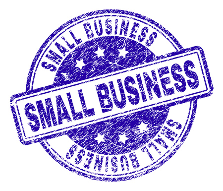 SMALL BUSINESS stamp seal imprint with distress texture. Designed with rounded rectangles and circles. Blue vector rubber print of SMALL BUSINESS text with grunge texture.のイラスト素材