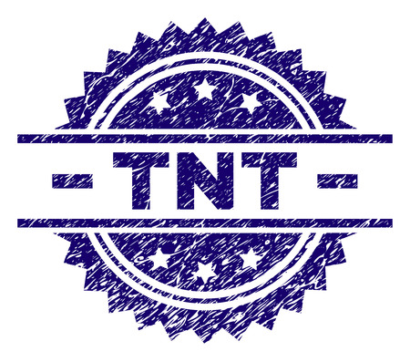TNT stamp seal watermark with distress style. Blue vector rubber print of TNT title with dirty texture.のイラスト素材