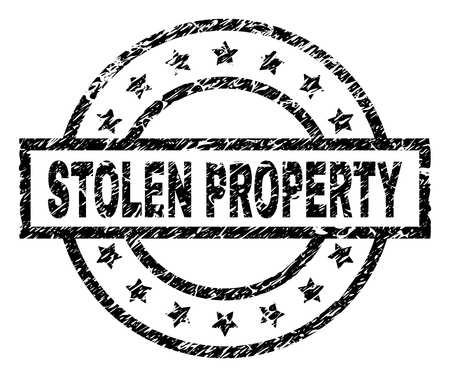 STOLEN PROPERTY stamp seal watermark with distress style. Designed with rectangle, circles and stars. Black vector rubber print of STOLEN PROPERTY caption with dirty texture.のイラスト素材