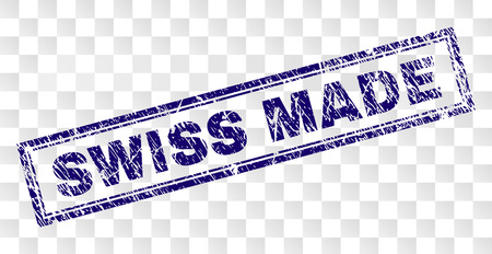 SWISS MADE stamp seal print with rubber print style and double framed rectangle shape. Stamp is placed on a transparent background. Blue vector rubber print of SWISS MADE title with grunge texture.のイラスト素材