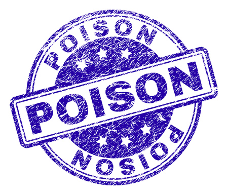 POISON stamp seal imprint with grunge texture. Designed with rounded rectangles and circles. Blue vector rubber print of POISON label with corroded texture.のイラスト素材