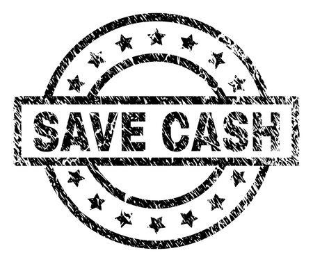 SAVE CASH stamp seal watermark with distress style. Designed with rectangle, circles and stars. Black vector rubber print of SAVE CASH title with dirty texture.のイラスト素材