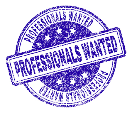 PROFESSIONALS WANTED stamp seal watermark with distress texture. Designed with rounded rectangles and circles. Blue vector rubber print of PROFESSIONALS WANTED caption with scratched texture.のイラスト素材