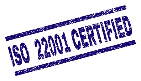ISO 22001 CERTIFIED seal watermark with scratced style. Blue vector rubber print of ISO 22001 CERTIFIED text with dust texture. Text tag is placed between parallel lines.のイラスト素材