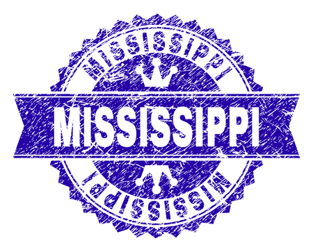 MISSISSIPPI rosette seal watermark with distress texture. Designed with round rosette, ribbon and small crowns. Blue vector rubber watermark of MISSISSIPPI caption with corroded texture.のイラスト素材
