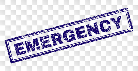 EMERGENCY stamp seal print with rubber print style and double framed rectangle shape. Stamp is placed on a transparent background. Blue vector rubber print of EMERGENCY tag with dust texture.のイラスト素材