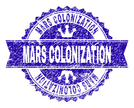 MARS COLONIZATION rosette seal watermark with distress texture. Designed with round rosette, ribbon and small crowns. Blue vector rubber watermark of MARS COLONIZATION label with dirty texture.のイラスト素材