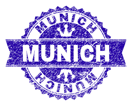 MUNICH rosette stamp seal imprint with grunge texture. Designed with round rosette, ribbon and small crowns. Blue vector rubber watermark of MUNICH label with grunge texture.のイラスト素材