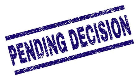 PENDING DECISION seal watermark with grunge style. Blue vector rubber print of PENDING DECISION label with grunge texture. Text label is placed between parallel lines.のイラスト素材