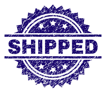 SHIPPED stamp seal watermark with distress style. Blue vector rubber print of SHIPPED tag with dust texture.のイラスト素材