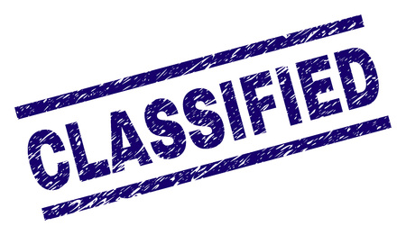 CLASSIFIED seal print with grunge style. Blue vector rubber print of CLASSIFIED label with grunge texture. Text tag is placed between parallel lines.のイラスト素材