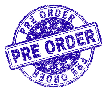 PRE ORDER stamp seal watermark with distress texture. Designed with rounded rectangles and circles. Blue vector rubber print of PRE ORDER text with unclean texture.のイラスト素材