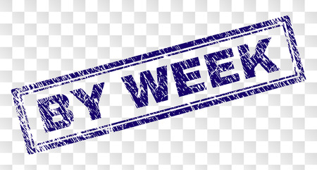 BY WEEK stamp seal imprint with rubber print style and double framed rectangle shape. Stamp is placed on a transparent background. Blue vector rubber print of BY WEEK title with dust texture.のイラスト素材