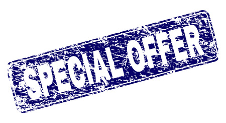SPECIAL OFFER stamp seal print with grunge style. Seal shape is a rounded rectangle with frame. Blue vector rubber print of SPECIAL OFFER caption with grunge texture.のイラスト素材